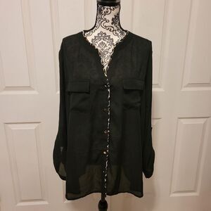 Axaxa 2X black‎ leopard print trim sheer top